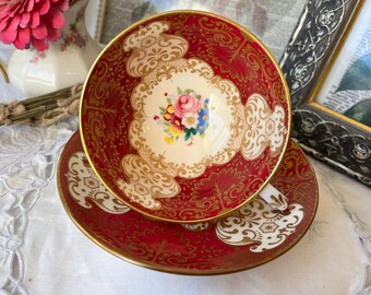 Teacup and Saucer in Deep Red and Gold with Pink Roses by Crown Staffordshire Made in England, Christmas Gift for Her