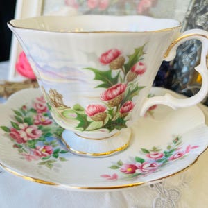 Royal Albert Mismatched Ancestral Series Road to the Isles Teacup and England&#39;s Glory Saucer, Vintage Tea Set with Pink Thistles and Roses