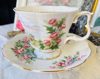 Royal Albert Mismatched Ancestral Series Road to the Isles Teacup and England's Glory Saucer, Vintage Tea Set with Pink Thistles and Roses