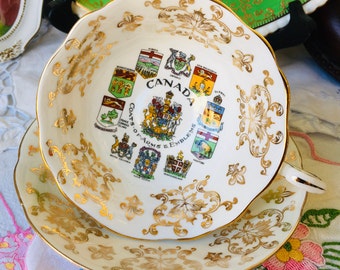 Canada Day Paragon Gold Fleur de Lys and Maple Leaf Coat of Arms Tea Cup and Saucer, Canadian Provinces, Canada Day Gift