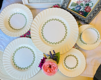 Minton Cheviot Green Trim Plate Setting,  Teacup, Saucer, Bread, Pasta Bowl, Lunch and Dinner Plate, Replacement China