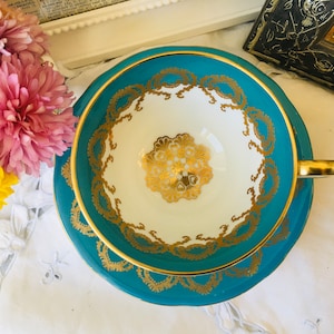 Aynsley Aqua Blue and Gold Teacup and Saucer, Oban Shape Teacup with Gold Medallion Interior, English Tea Set, Antique Gift Idea