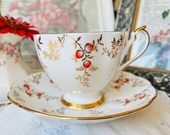 Queen Anne Teacup and Saucer in Gold and Orange Floral, Vintage English Tea Set, Birthday Gift, Tea Drinker Gift