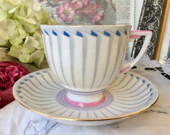 Art Deco Royal Grafton "Grecian" Teacup and Saucer, Rare Pattern with Folds, Pink and Purple Vintage English Tea Set, Collector Cup