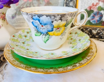 Paragon, Royal Albert and Grosvenor Green and Gold with Pastel Blue and Yellow Daisies Teacup, Saucer and Plate, Vintage Mismatched Tea Set