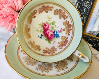 Mint Green and Gold Chintz Teacup and Saucer, Stanley China, Pink Roses, Wide Mouth Teacup, Cabinet Cup, Spring Bouquet, Gold Scroll Motif