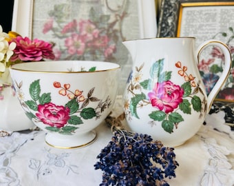 Whimsical Wedgewood Charnwood Pink Peony and Butterflies Sugar Bowl and Creamer Jug, Vintage Home Decor, Tea Party Gift, Replacement China