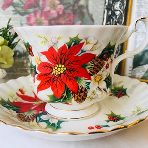 Royal Albert &quot;Yuletide&quot; Teacup and Saucer with Red Floral and Holly, Vintage English Tea Set, Holiday Decor, Gift for Her, Tea Drinker Gift