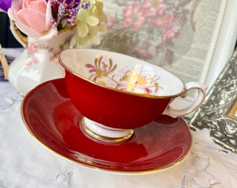 Red and Gold Leaf Wide Mouth Teacup and Saucer with Hot Pink Magenta and Lavender Floral, Vintage English Tea Set, Christmas Gift Idea