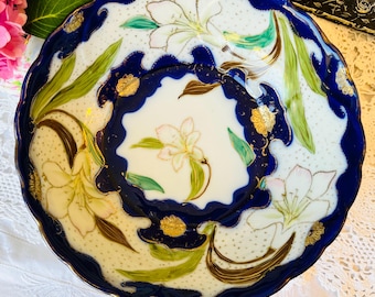 Antique Nippon Porcelain Porcelain Bowl Cobalt Blue with Gold, Green Floral, Hand Painted, Housewarming Gift Home Decor Idea
