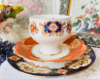 Royal Albert and Aynsley Cobalt Blue Corset Teacup, Saucer and Imari Plate, Mix and Match Vintage Tea Set