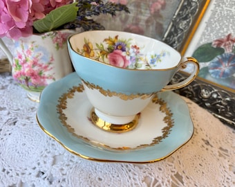 Robbins Egg Blue and Gold Teacup and Saucer with Floral Centerpiece by Foley, English Tea Set, Spring Gift for Her