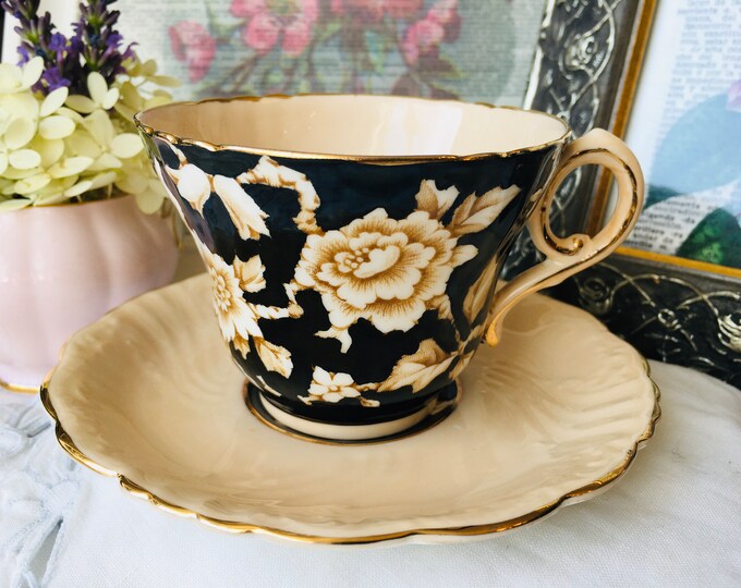 Black and Peach Paragon Gardenia Teacup and Saucer, Art Deco Set ...