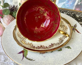 Coalport Cairo Red Gold  Teacup, Foley Saucer, Crown Staffordshire Bird Floral Plate,  One of a Kind Christmas Gift