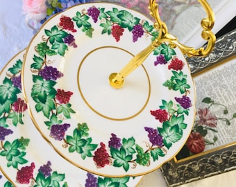 Paragon Purple Grapes and Green Vines Niagara Tiered Cake Stand, Vintage Bone China for Tea Party, Wine Lover Gift, Tea Drinker Gift