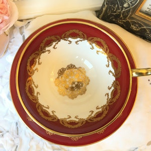 Teacup and Saucer in Red and Gold by Aynsley, Gold Medallion Interior, Vintage English Tea Set