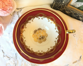 Teacup and Saucer in Red and Gold by Aynsley, Gold Medallion Interior, Vintage English Tea Set, Home Decor Idea or Christmas Classic Gift