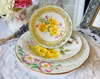 Teacup and Saucer in Yellow Daffodils and Pink Roses By Paragon and Hammersley Plate, Mismatched Tea Set, Vintage English China Gift Idea