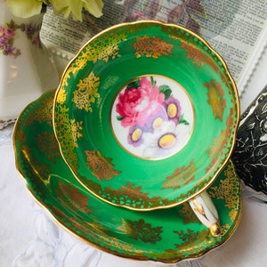 Paragon Teacup and Saucer, Kelly Green and Gold, Wide Mouth, Double Warrant, Cabbage Rose, Cabinet Antique c. 1930s, Mother's Day Gift Idea