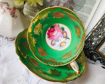 Paragon Teacup and Saucer, Kelly Green and Gold, Wide Mouth, Double Warrant, Cabbage Rose, Cabinet Antique c. 1930s, Mother's Day Gift Idea