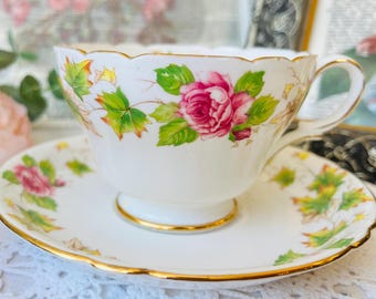 Shelley Royalty Teacup and Saucer with Pink Roses and Green Vines, Vintage English Tea Set