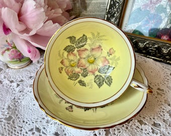 Paragon Teacup and Saucer Pastel Yellow with Pink Floral, Double Warrant in a Wide Mouth, Vintage English Tea Set