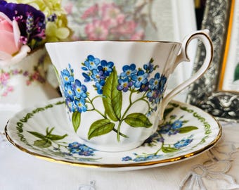 July Teacup and Saucer, Blue Forget Me Nots Birthday Month, Made in England, Blue and White China, Birthday Gif for Her, Tea Drinker Gift