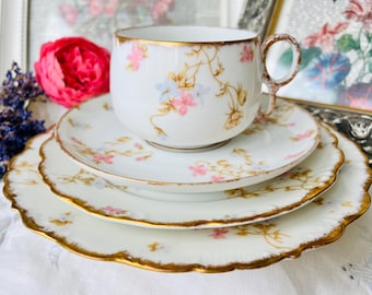 France Elite Limoges Teacup, Saucer, Dessert Plate, and Lunch Plate in Sweet Pink, Yellow, and Blue Violets Antique French Country Decor