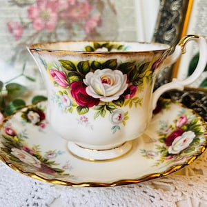 Royal Albert Teacup and Saucer, Burgundy Roses, Vintage English Tea Set