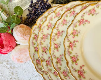 French Limoges Pink Rose and Purple Floral Set of 4 Dessert or Lunch Plates 7.5 Inch, Antique Housewarming Gift, Cottage Core Home Decor