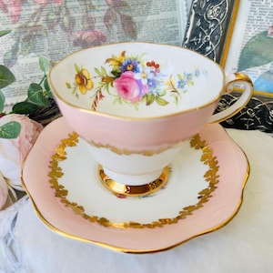EB Foley Pink Teacup and Saucer Gold Footed, Bone China, Pastel Pink Tea Cup, English Tea Set