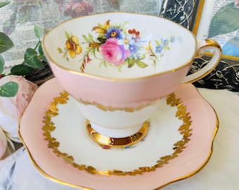 EB Foley Pink Teacup and Saucer Gold Footed, Bone China, Pastel Pink Tea Cup, English Tea