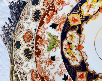 Antique Cobalt Blue Orange and Gold Plates for Wall Decor or Entryway Table, Set of 3, Vintage Home Decor