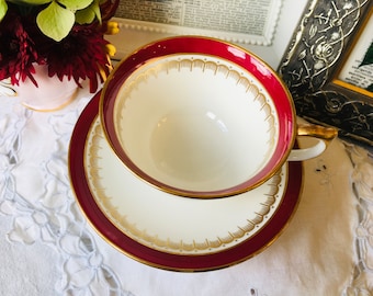 Aynsley Red and Gold  Tea Cup and Saucer, Gold Trim, Wide Mouth, Made in England, Cabinet Cup, Mother's Day Gift, Tea Drinker Gift