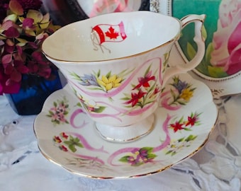 Canada Proud Tea Set Gift, Royal Albert Teacup and Saucer, Our Emblems Dear, Provincial Flowers, Canada Flag