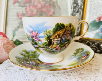Thatched Cottage Teacup and Saucer,  Cottage Core English Tea Set