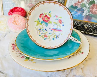 Pink and Blue Bird Floral Mismatched Tea Set, Coalport Pembroke Teacup, Susie Cooper Violin Saucer, Royal Tara Ireland Plate, Home Decor