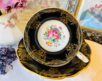 EB Foley Black and Gold Wide Mouth Teacup and Saucer with Pink Rose Floral, Gold Chintz, Vintage English Tea Set for Halloween Witches Brew