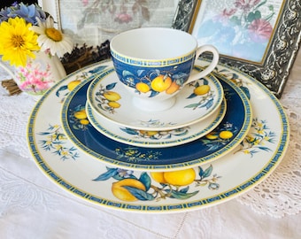 Wedgewood Citrons Replacement China, Teacup, Saucer, Bread Plate, Salad Plate, Dinner Plate, Vintage Blue Floral China with Lemons