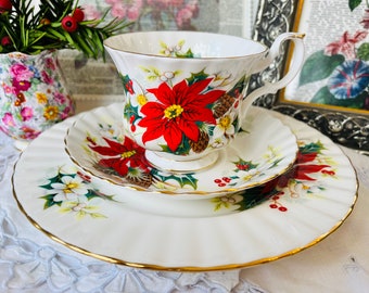 Royal Albert "Poinsettia" Trio Teacup, Saucer and Lunch Plate with Gold Trim,  Red Floral and Holly, Vintage English Tea Set, Holiday Decor