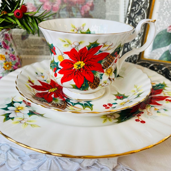 Royal Albert "Poinsettia" Trio Teacup, Saucer and Lunch Plate with Gold Trim,  Red Floral and Holly, Vintage English Tea Set, Holiday Decor