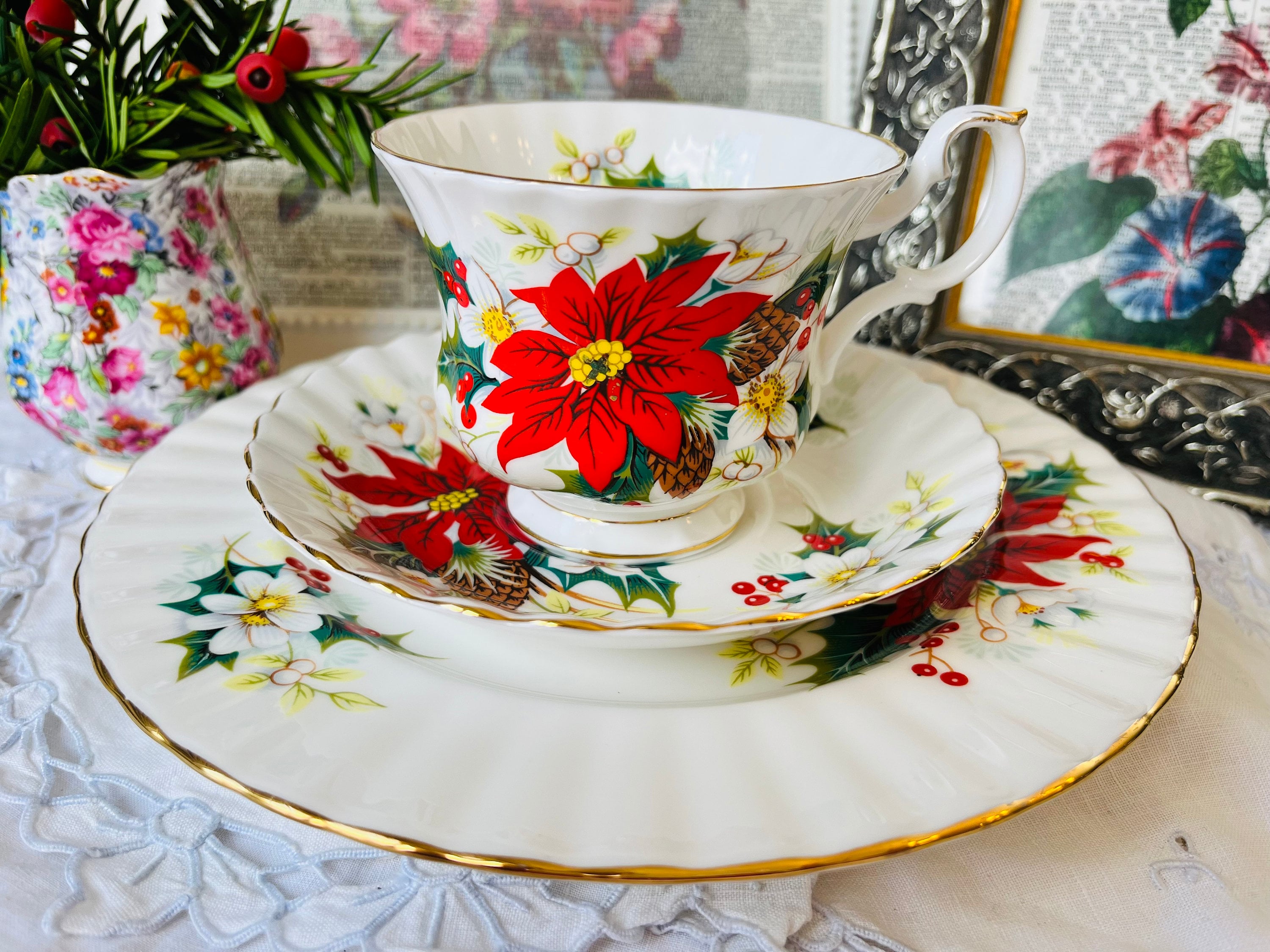 Teacup Royal Albert Plate Set Poinsettia Royal Albert Bone China