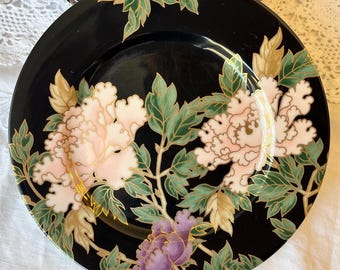 Cloisonne Peony Black and Pink Fitz & Floyd Salad Plates 7.5 Inch