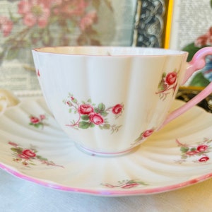 Shelley Dainty &quot;Rose Spray&quot; Teacup and Saucer with Pink Painted Handle, Vintage English Tea Set in the Ludlow Shape
