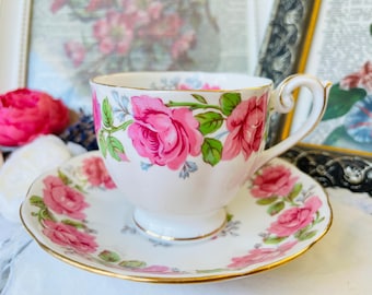 Queen Anne Lady Alexander Teacup and Saucer in Pink Roses, Vintage English Tea Set, Retro Gift Idea for Tea Time
