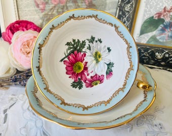 Foley Teacup and Saucer Hot Pink and White Daisies, Baby Blue and Gold Scroll, English Tea Set, Spring Gift for Her