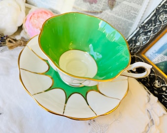 Royal Albert Art Deco Kelly Green Wide Mouth Teacup and Saucer, White and Gold Panels, Vintage English Tea Set, Mother's Day Gift For Her