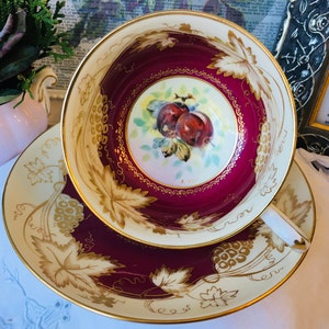 As IS Cranberry Signed F. Key Orchard Fruit Teacup and Saucer by Royal Chelsea, Collector Cabinet Cup, Red and Gold English Tea Set