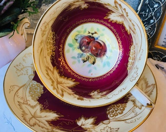 As IS Cranberry Signed F. Key Orchard Fruit Teacup and Saucer by Royal Chelsea, Collector Cabinet Cup, Red and Gold English Tea Set