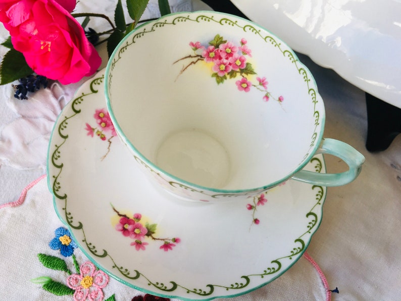Shelley Mint Green and Pink Cherry Blossoms Teacup and Saucer Etsy Canada